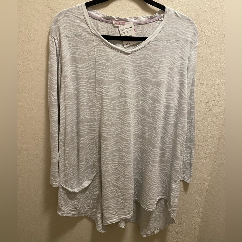 Fresh Produce Asymmetrical Lagenlook Grey & White Seashore Ella Tunic Size L New
